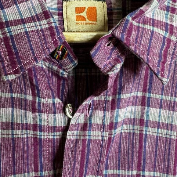 Hugo Boss Orange Linen Blend Plaid Button Up Shirt Purple Mens XL Western Preppy - Picture 9 of 15